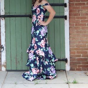 Flowery off the shoulders prom dress